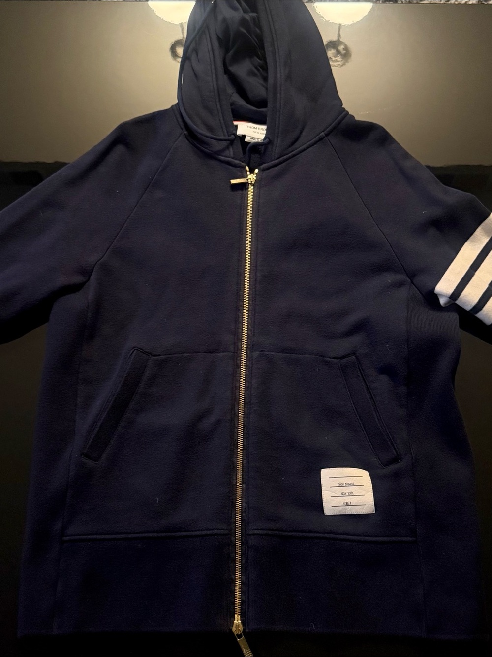 Thom Browne Navy Hoodie with Red-White Trim